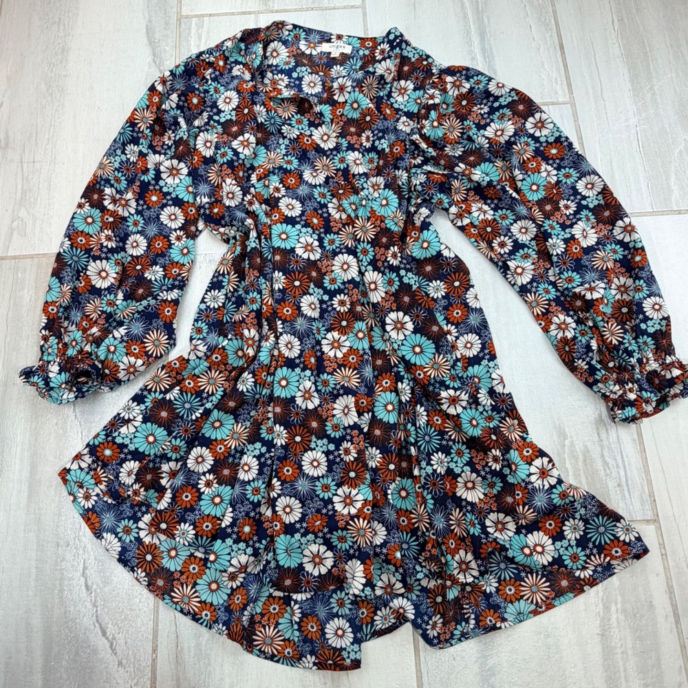 Umgee A6731 Navy Daisy Floral Metallic Stripe Balloon Sleeve Tunic Top Small